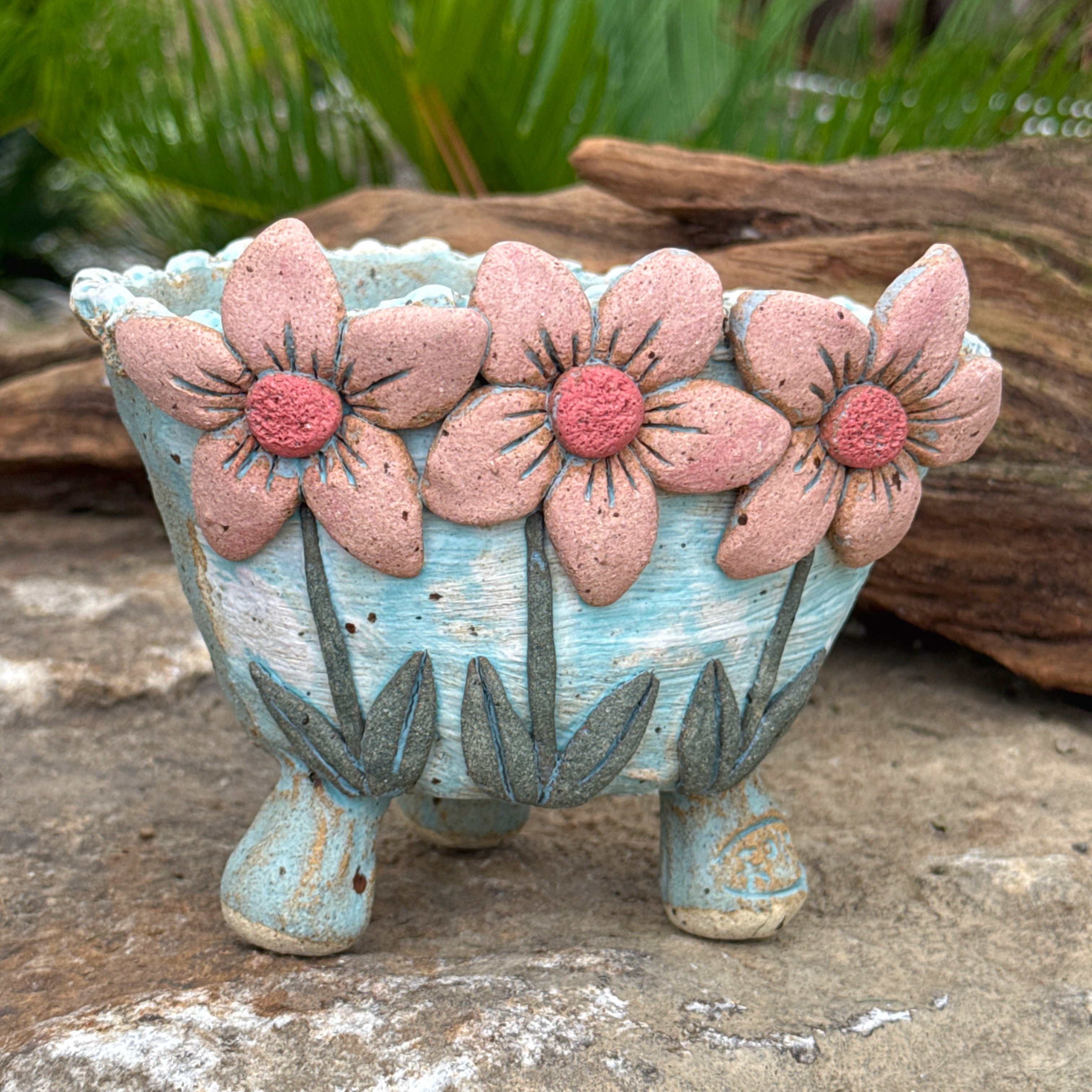 handcrafted plant pots Jurian Handcrafted Pot- Trio of Pink Flowers – Cedar Creek Farmhouse