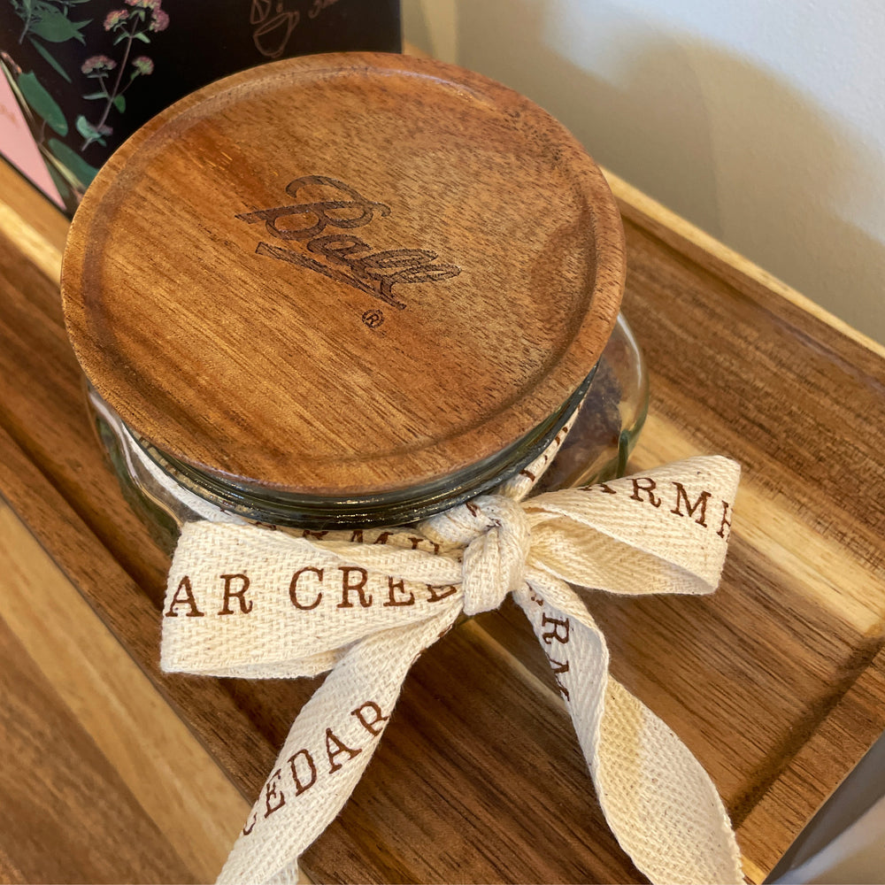 Collectible Ball Jar w/Twill Ribbon and Wooden Lid (Ships Empty)