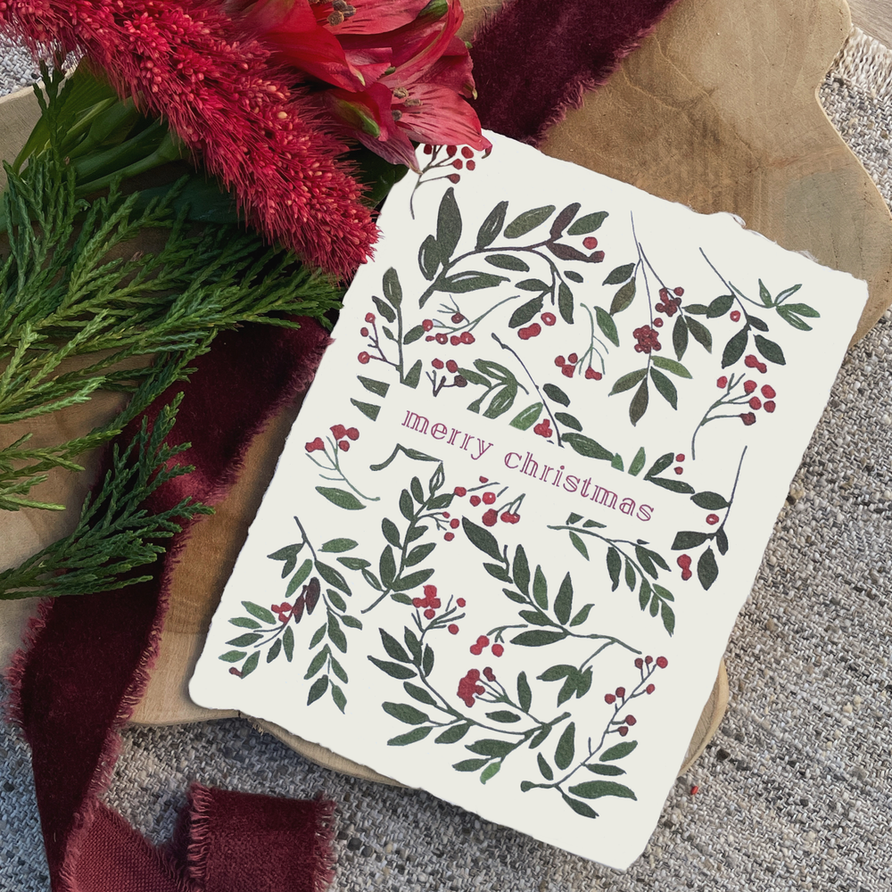 Merry Christmas Red Berries Letterpress Card